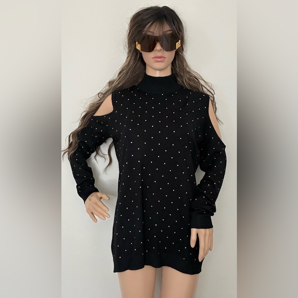 Thalia Sodi Black Cold-Shoulder Sweater with Gold Stud Detail